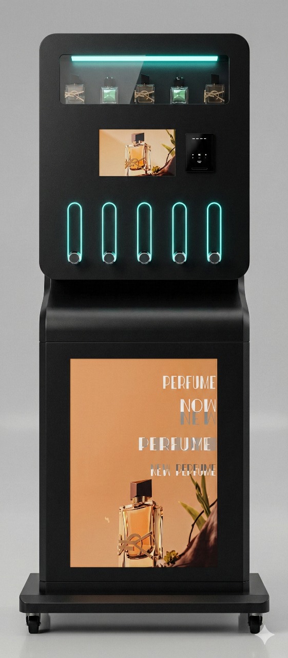 The Spritz it! Kiosk, a sleek, modern automatic perfume dispenser.